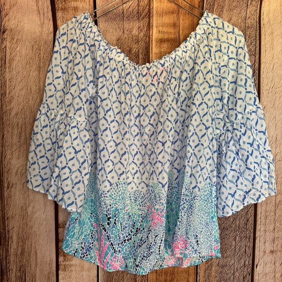 Lilly Pulitzer Nevie Off Shoulder Top Sea La Vie Blue Boho Resort Blouse Small - Picture 2 of 9